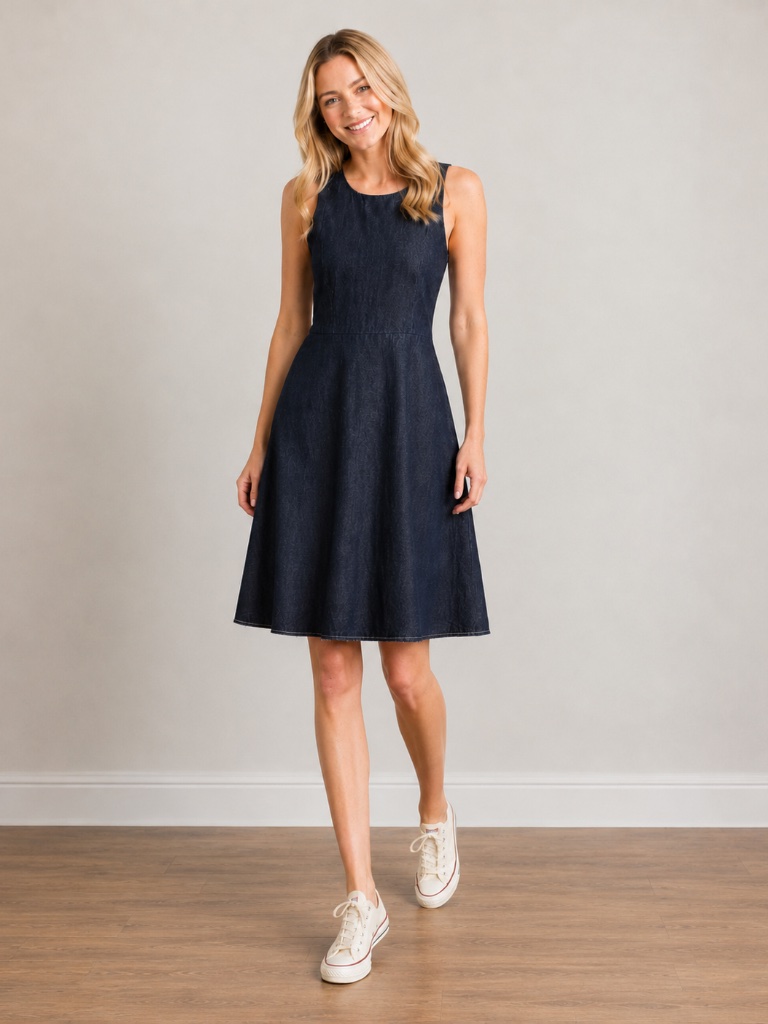 Nwt Gap Dark Rinse Denim Fit & Flare Dress Size 16 Raw Hem Sleeveless